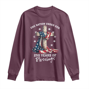 250th Anniversary USA Long Sleeve Shirt One Nation Under God US 250 Flag Cross 4th Of July TS10 Maroon Print Your Wear