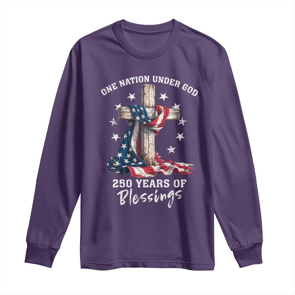 250th Anniversary USA Long Sleeve Shirt One Nation Under God US 250 Flag Cross 4th Of July TS10 Purple Print Your Wear