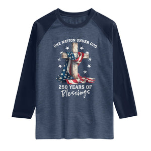 250th Anniversary USA Raglan Shirt One Nation Under God US 250 Flag Cross 4th Of July TS10 Heather Denim Navy Print Your Wear