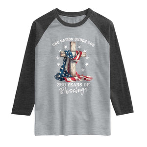 250th Anniversary USA Raglan Shirt One Nation Under God US 250 Flag Cross 4th Of July TS10 Heather Gray Heather Charcoal Print Your Wear