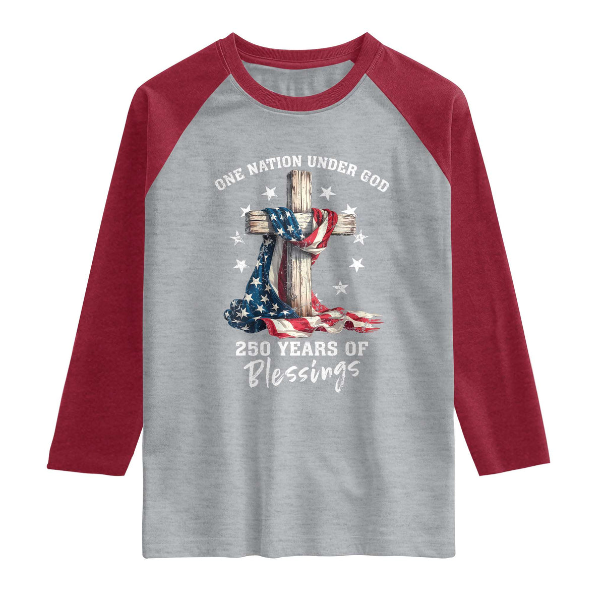 250th Anniversary USA Raglan Shirt One Nation Under God US 250 Flag Cross 4th Of July TS10 Heather Gray Heather Red Print Your Wear