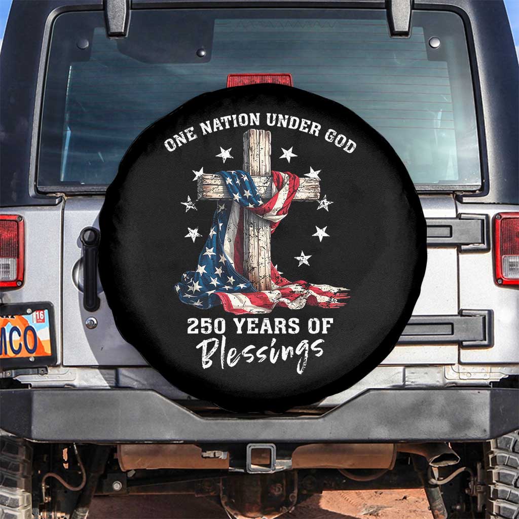 250th Anniversary USA Spare Tire Cover One Nation Under God US 250 Flag Cross 4th Of July TS10 No hole Black Print Your Wear