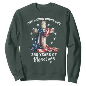 250th Anniversary USA Sweatshirt One Nation Under God US 250 Flag Cross 4th Of July TS10 Dark Forest Green Print Your Wear