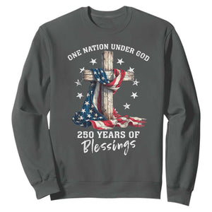250th Anniversary USA Sweatshirt One Nation Under God US 250 Flag Cross 4th Of July TS10 Dark Heather Print Your Wear
