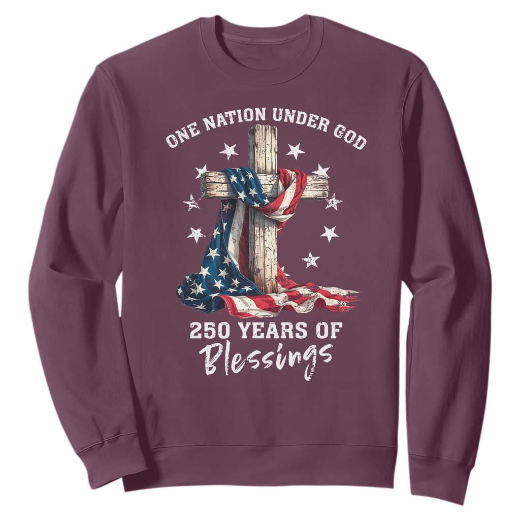 250th Anniversary USA Sweatshirt One Nation Under God US 250 Flag Cross 4th Of July TS10 Maroon Print Your Wear