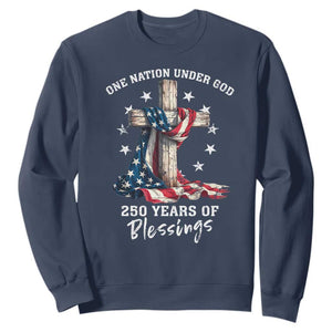 250th Anniversary USA Sweatshirt One Nation Under God US 250 Flag Cross 4th Of July TS10 Navy Print Your Wear