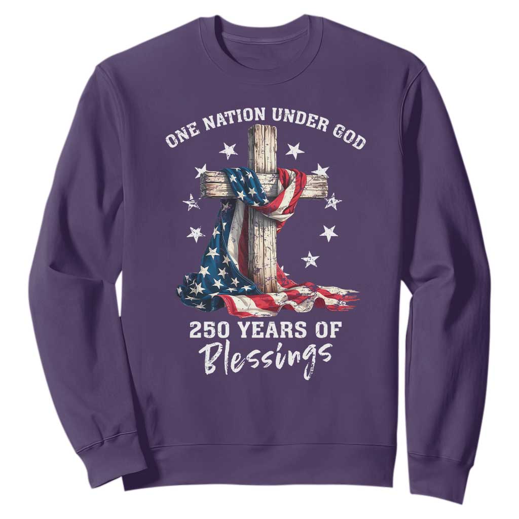 250th Anniversary USA Sweatshirt One Nation Under God US 250 Flag Cross 4th Of July TS10 Purple Print Your Wear