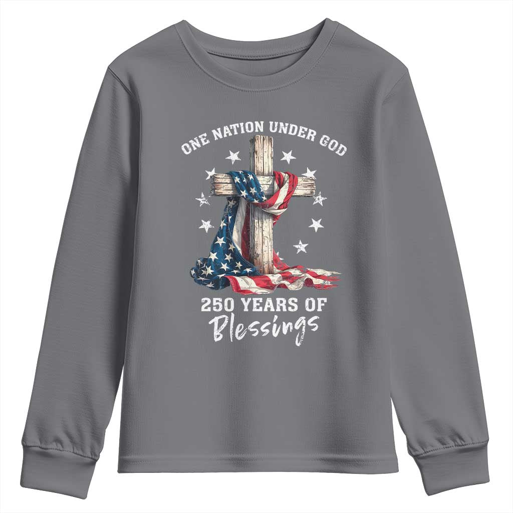 250th Anniversary USA Youth Sweatshirt One Nation Under God US 250 Flag Cross 4th Of July TS10 Charcoal Print Your Wear
