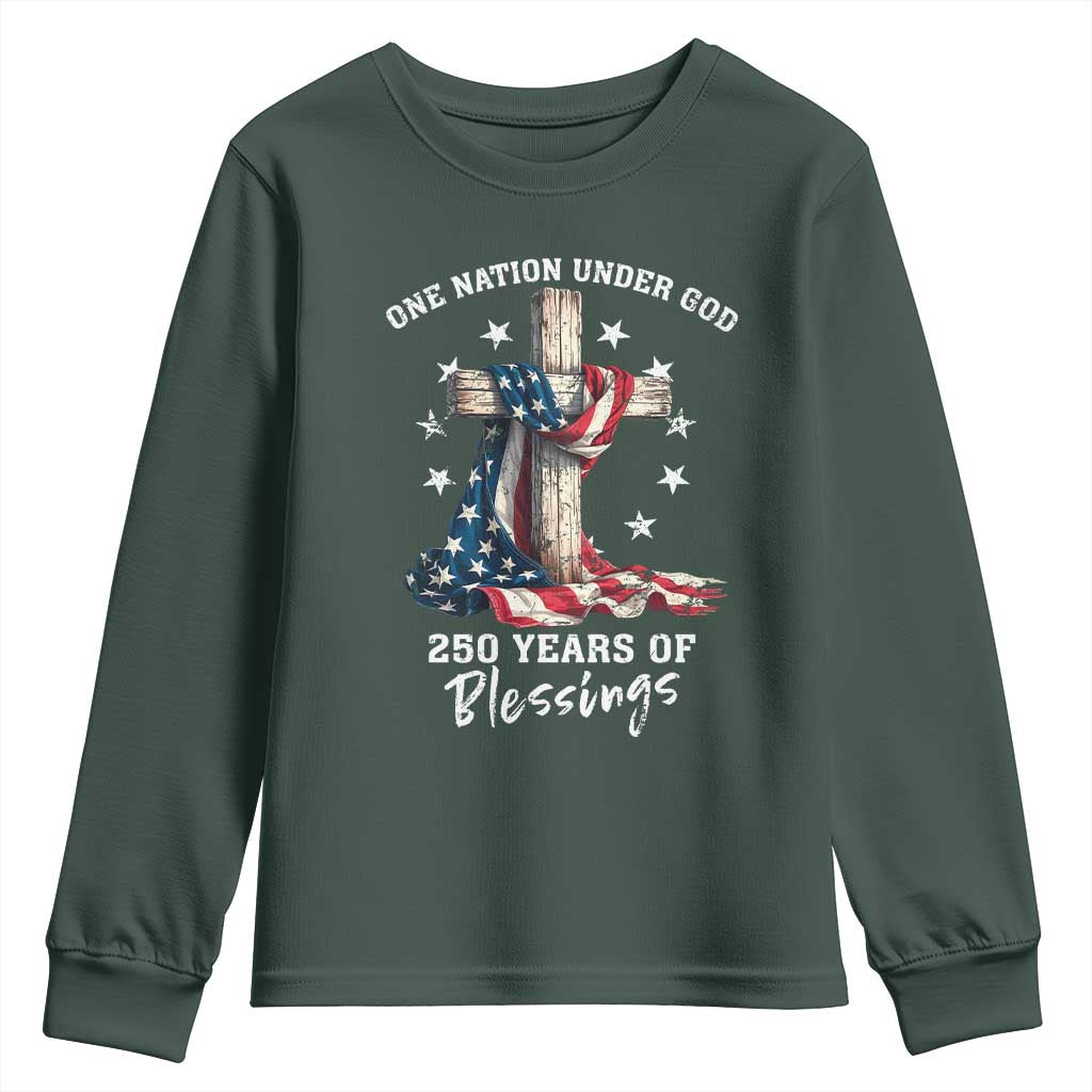 250th Anniversary USA Youth Sweatshirt One Nation Under God US 250 Flag Cross 4th Of July TS10 Dark Forest Green Print Your Wear