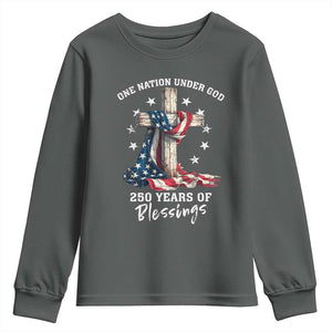250th Anniversary USA Youth Sweatshirt One Nation Under God US 250 Flag Cross 4th Of July TS10 Dark Heather Print Your Wear
