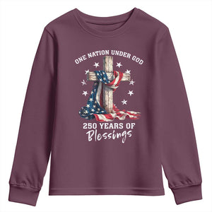 250th Anniversary USA Youth Sweatshirt One Nation Under God US 250 Flag Cross 4th Of July TS10 Maroon Print Your Wear