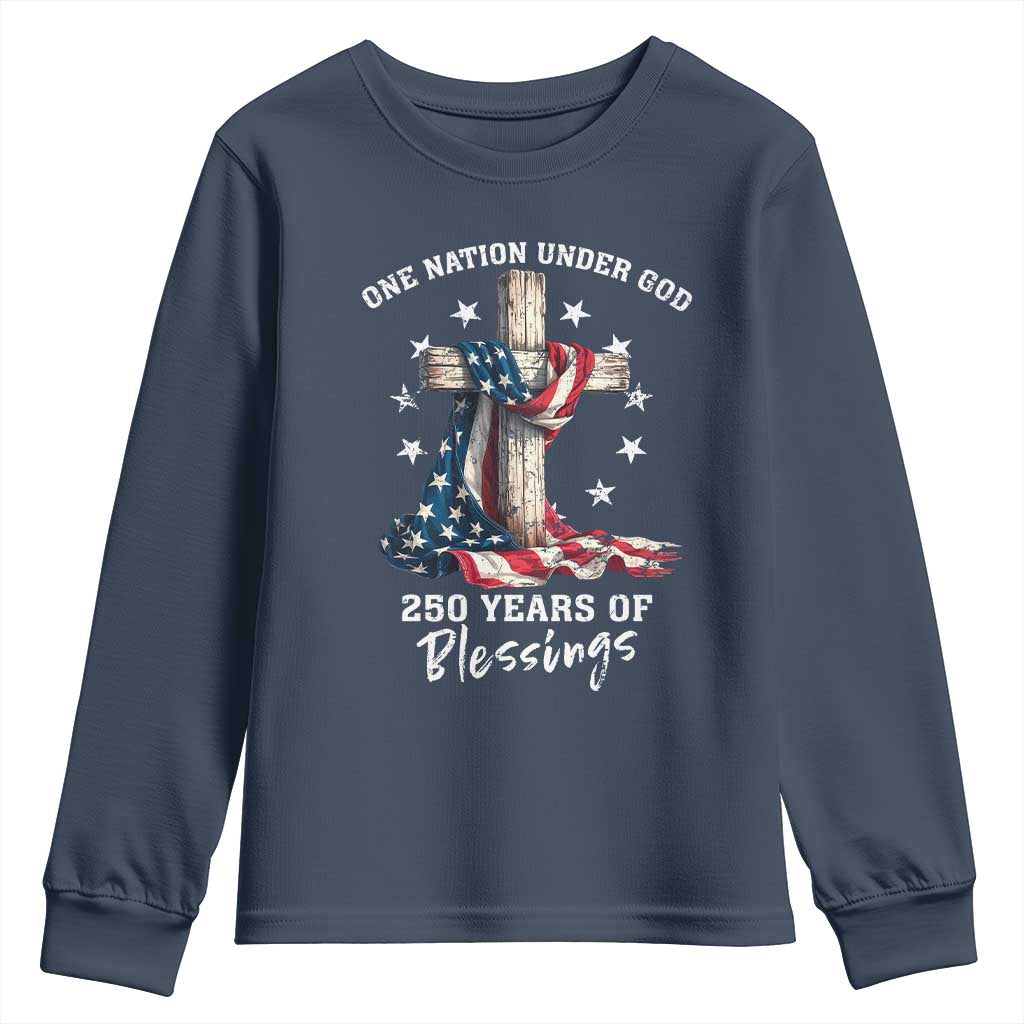 250th Anniversary USA Youth Sweatshirt One Nation Under God US 250 Flag Cross 4th Of July TS10 Navy Print Your Wear