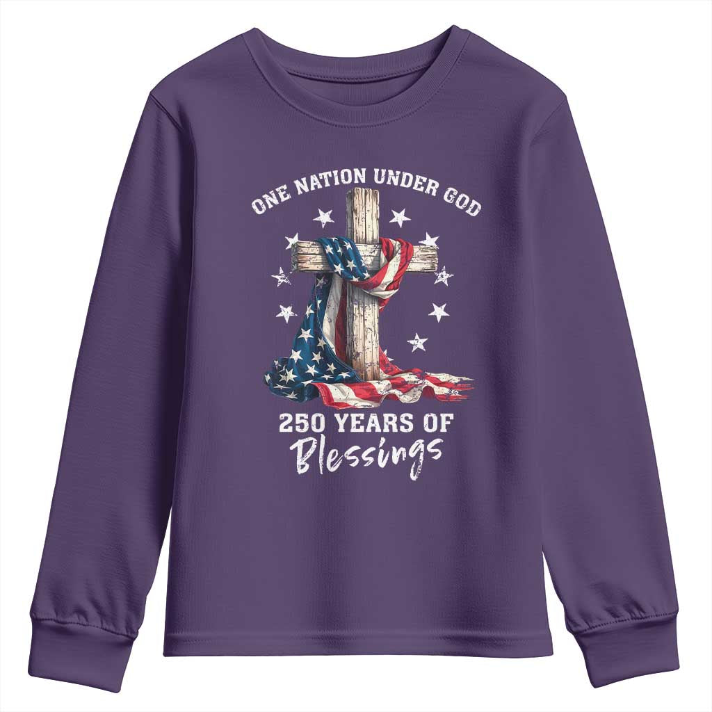 250th Anniversary USA Youth Sweatshirt One Nation Under God US 250 Flag Cross 4th Of July TS10 Purple Print Your Wear
