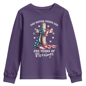 250th Anniversary USA Youth Sweatshirt One Nation Under God US 250 Flag Cross 4th Of July TS10 Purple Print Your Wear