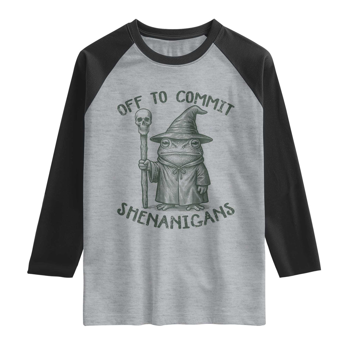 Wizard Frog Raglan Shirt Funny Off to Commit Shenanigans TS10 Heather Gray Black Print Your Wear
