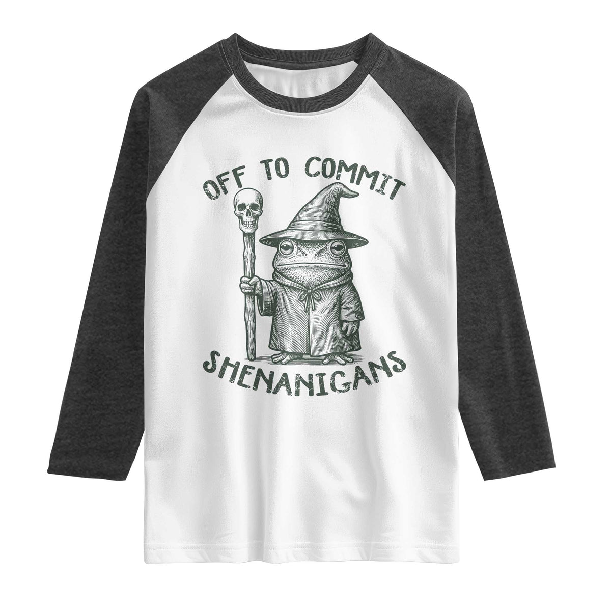 Wizard Frog Raglan Shirt Funny Off to Commit Shenanigans TS10 White Heather Charcoal Print Your Wear