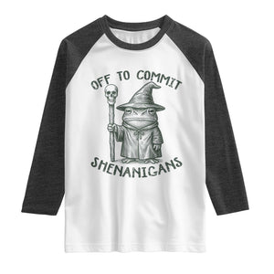 Wizard Frog Raglan Shirt Funny Off to Commit Shenanigans TS10 White Heather Charcoal Print Your Wear
