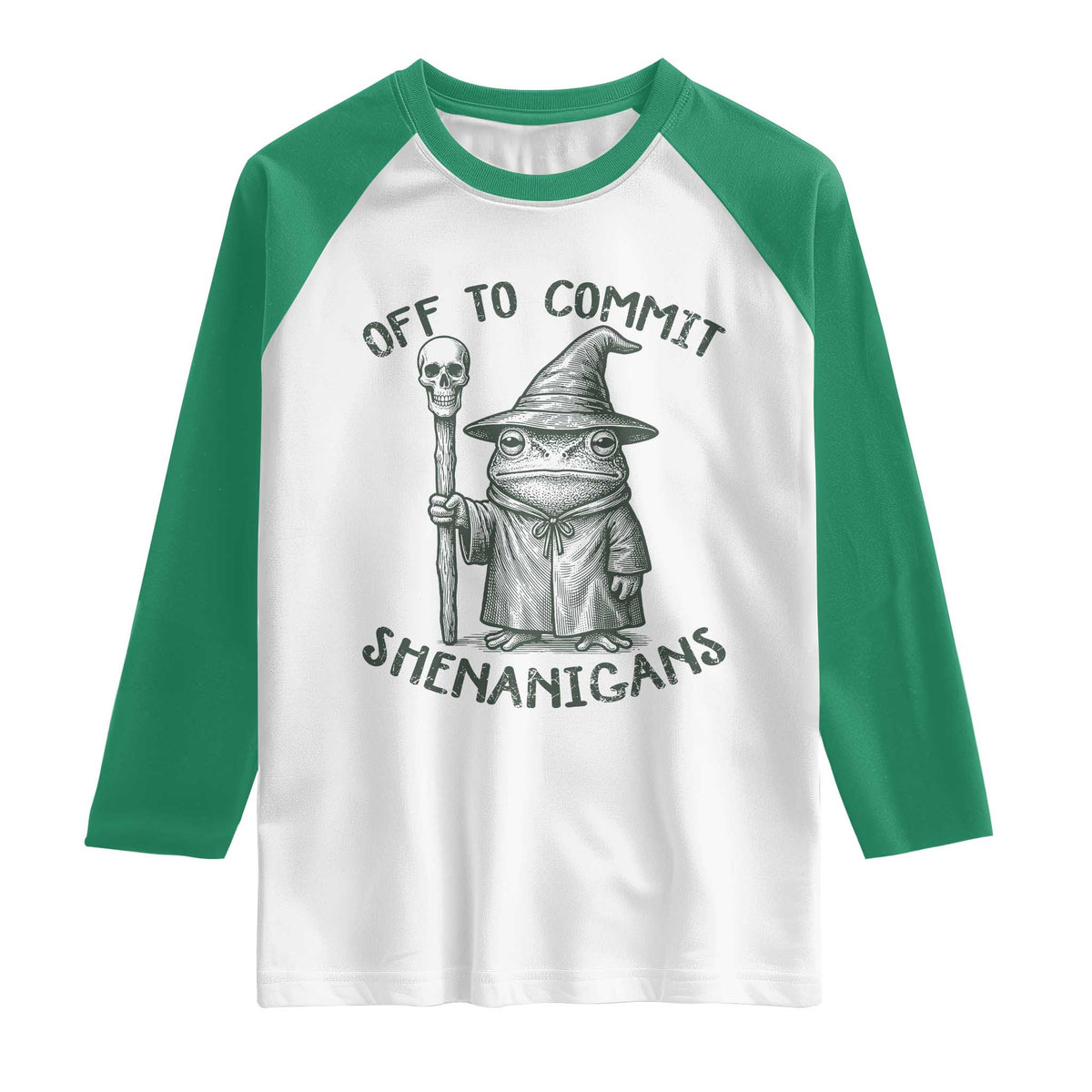 Wizard Frog Raglan Shirt Funny Off to Commit Shenanigans TS10 White Kelly Green Print Your Wear