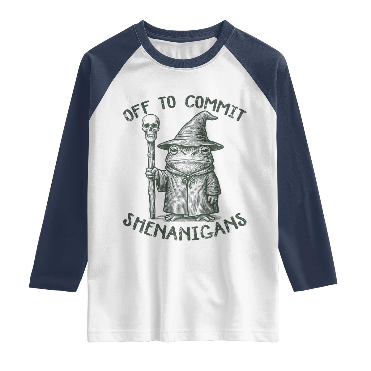 Wizard Frog Raglan Shirt Funny Off to Commit Shenanigans TS10 White Navy Print Your Wear
