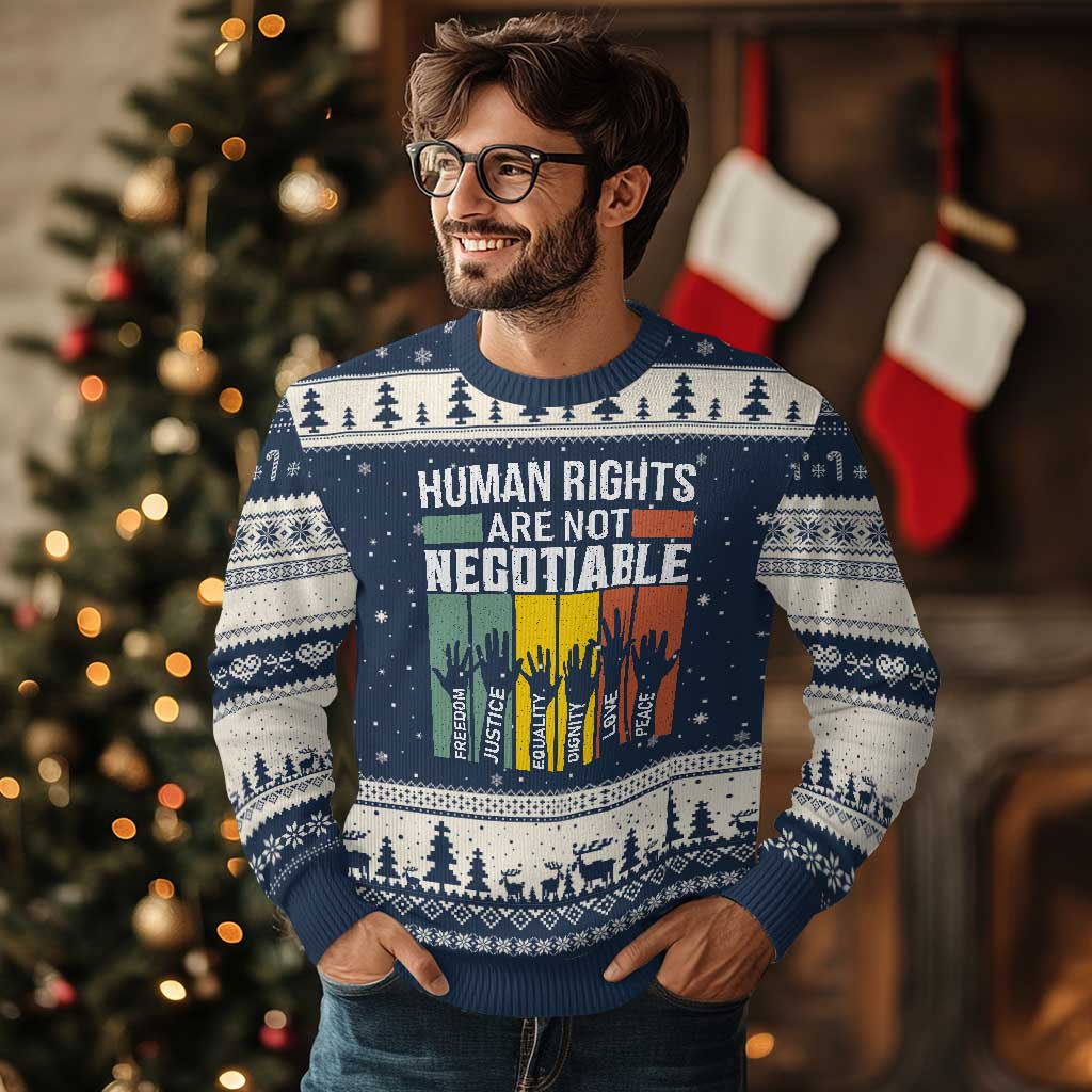 Human Rights Ugly Christmas Sweater Are Not Negotiable Retro Equality Statement TS10 Navy Beige Print Your Wear