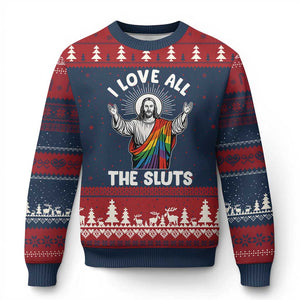 LGBTQ Jesus Ugly Christmas Sweater I Love All The Sluts TS10 Navy Red Print Your Wear