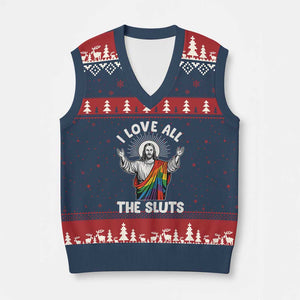 LGBTQ Jesus V-Neck Knit Sweater Vest I Love All The Sluts TS10 Navy Red Print Your Wear