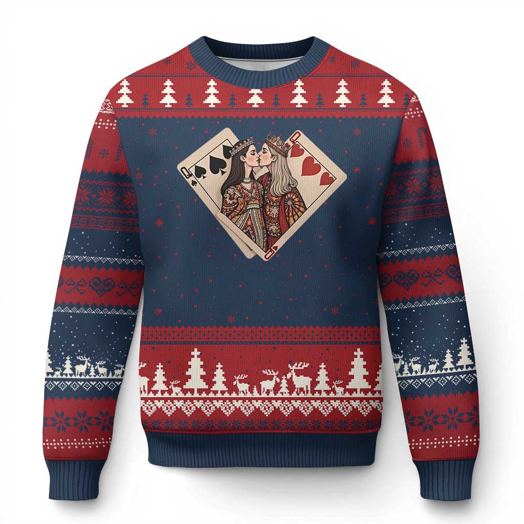 Lesbian Pride Ugly Christmas Sweater Vintage Kissing Cards Sapphic Art TS10 Navy Red Print Your Wear