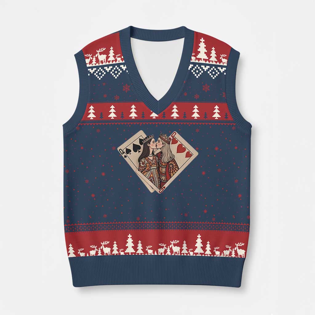 Lesbian Pride V-Neck Knit Sweater Vest Vintage Kissing Cards Sapphic Art TS10 Navy Red Print Your Wear
