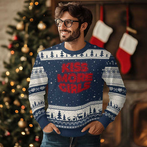 Lesbian Ugly Christmas Sweater Kiss More Girls Funny Pride Month TS10 Navy Beige Print Your Wear