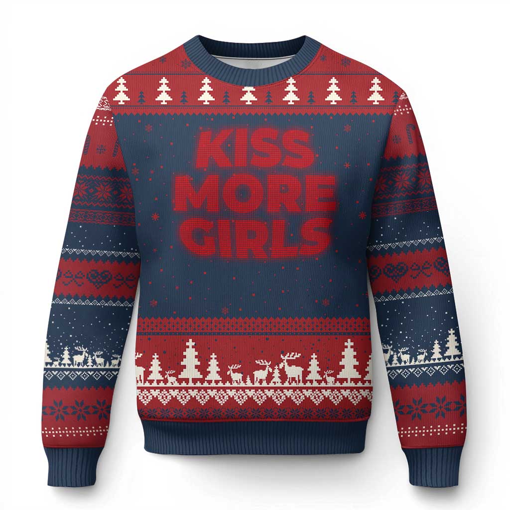 Lesbian Ugly Christmas Sweater Kiss More Girls Funny Pride Month TS10 Navy Red Print Your Wear