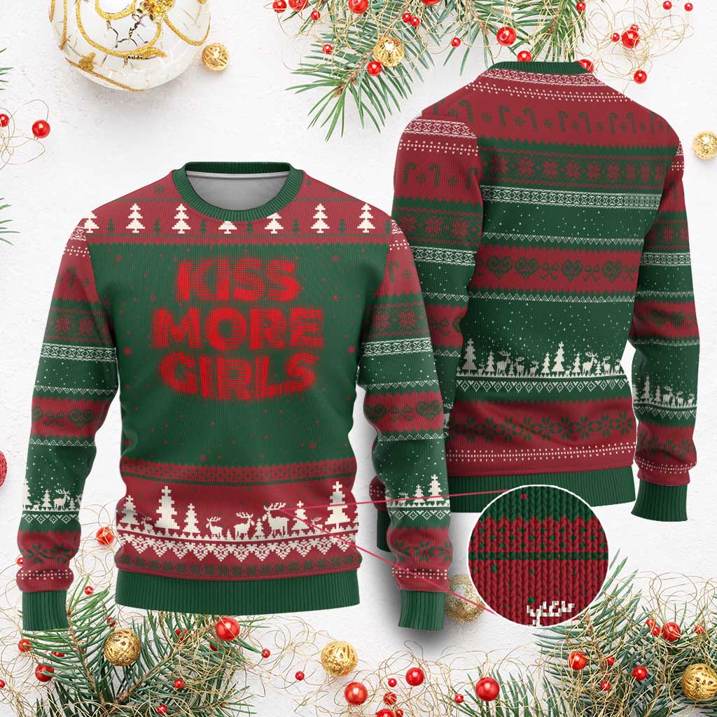 Lesbian Ugly Christmas Sweater Kiss More Girls Funny Pride Month TS10 Red Green Print Your Wear