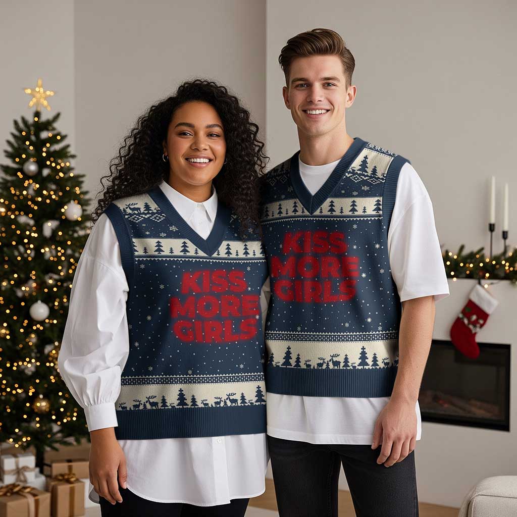 Lesbian V-Neck Knit Sweater Vest Kiss More Girls Funny Pride Month TS10 Navy Beige Print Your Wear