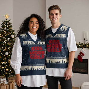 Lesbian V-Neck Knit Sweater Vest Kiss More Girls Funny Pride Month TS10 Navy Beige Print Your Wear