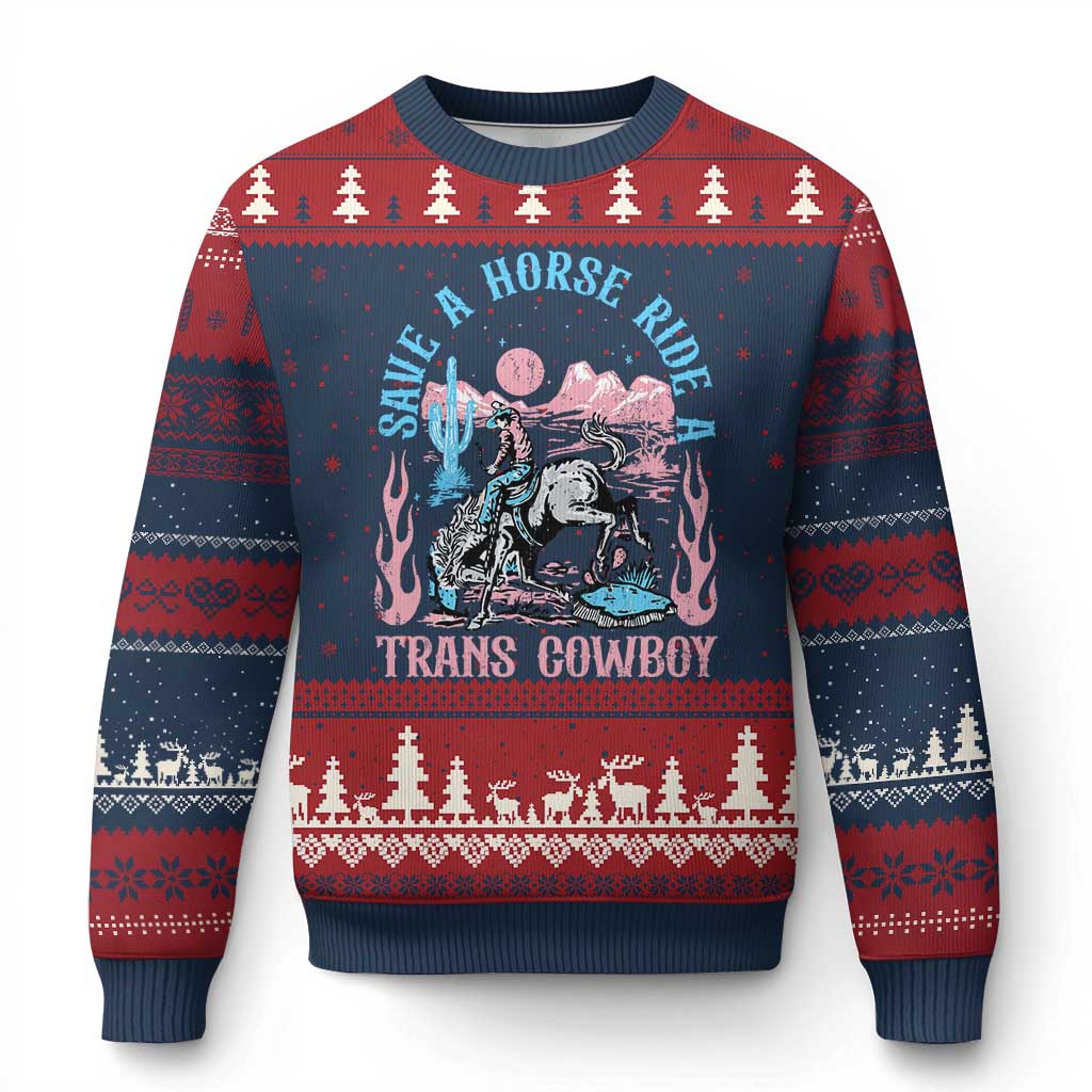 Save A Horse Ride A Trans Cowboy Ugly Christmas Sweater Transgender Trans Pride LGBTQ TS10 Navy Red Print Your Wear