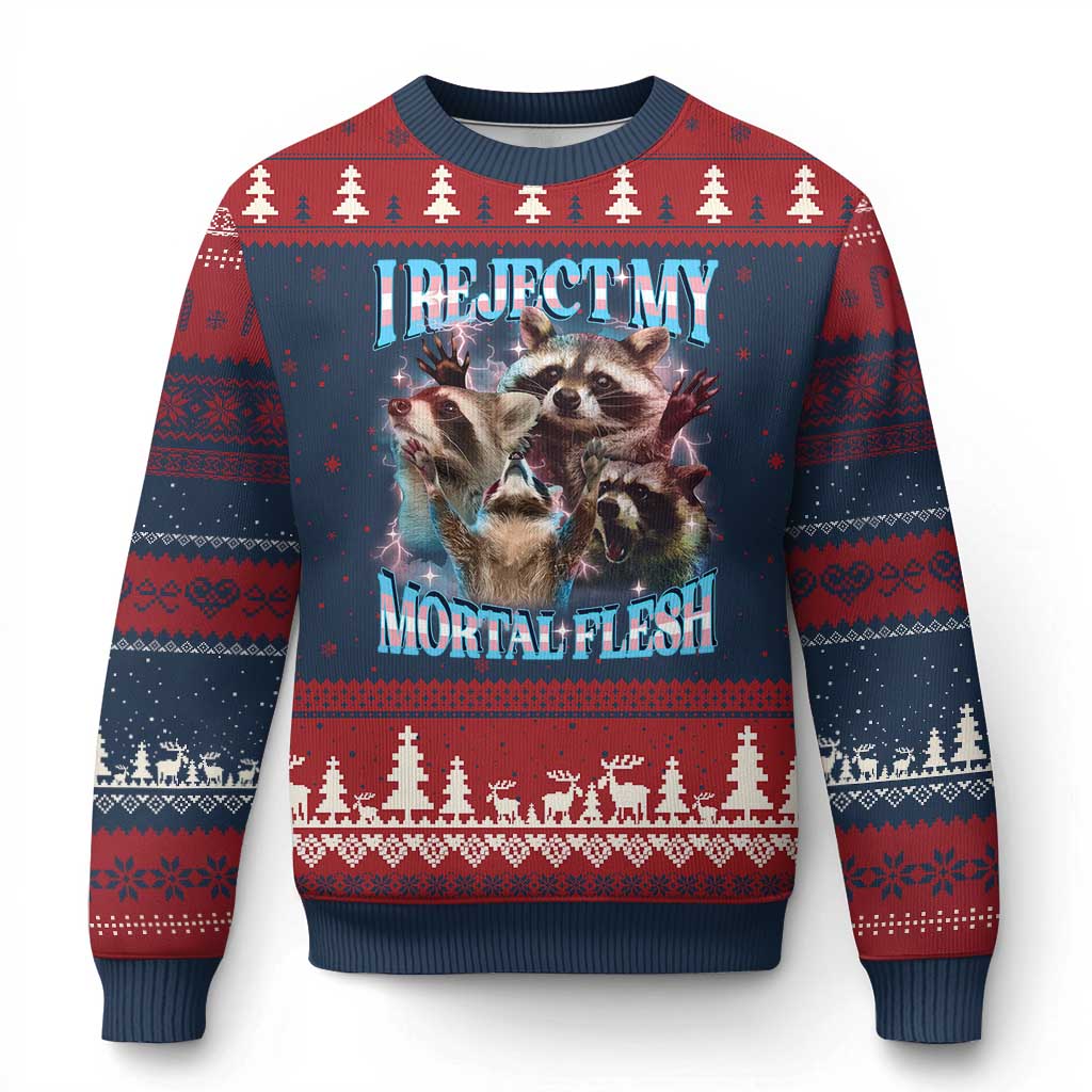 Funny LGBT Trans Pride Ugly Christmas Sweater I Reject My Mortal Flesh Transgender Racoon Bootleg TS10 Navy Red Print Your Wear