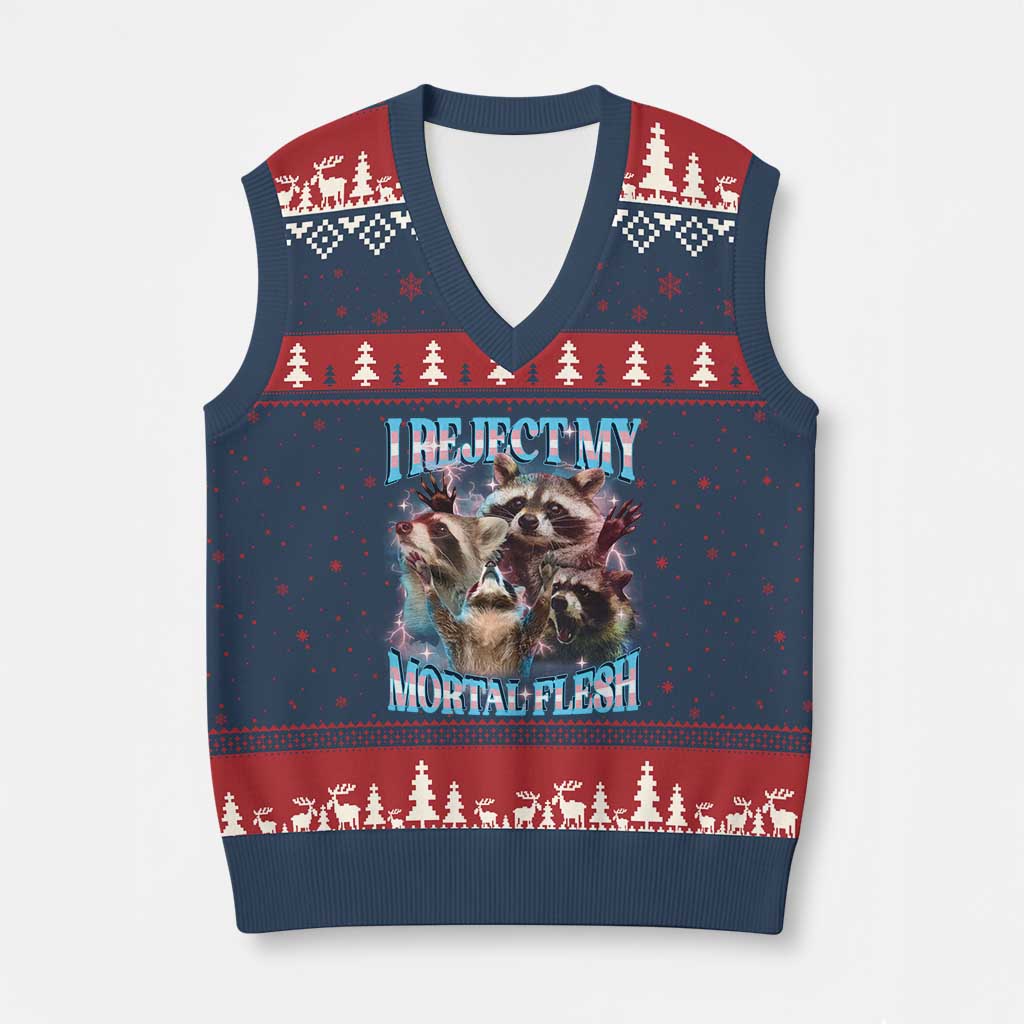 Funny LGBT Trans Pride V-Neck Knit Sweater Vest I Reject My Mortal Flesh Transgender Racoon Bootleg TS10 Navy Red Print Your Wear