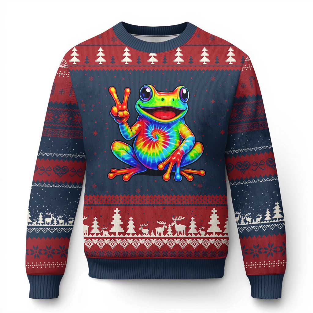 Tie-Dye Frog Peace Sign Hippie Ugly Christmas Sweater Toad Trends Effect Printing TS10 Navy Red Print Your Wear