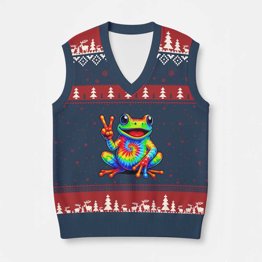 Tie-Dye Frog Peace Sign Hippie V-Neck Knit Sweater Vest Toad Trends Effect Printing TS10 Navy Red Print Your Wear