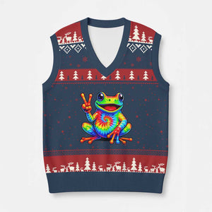 Tie-Dye Frog Peace Sign Hippie V-Neck Knit Sweater Vest Toad Trends Effect Printing TS10 Navy Red Print Your Wear