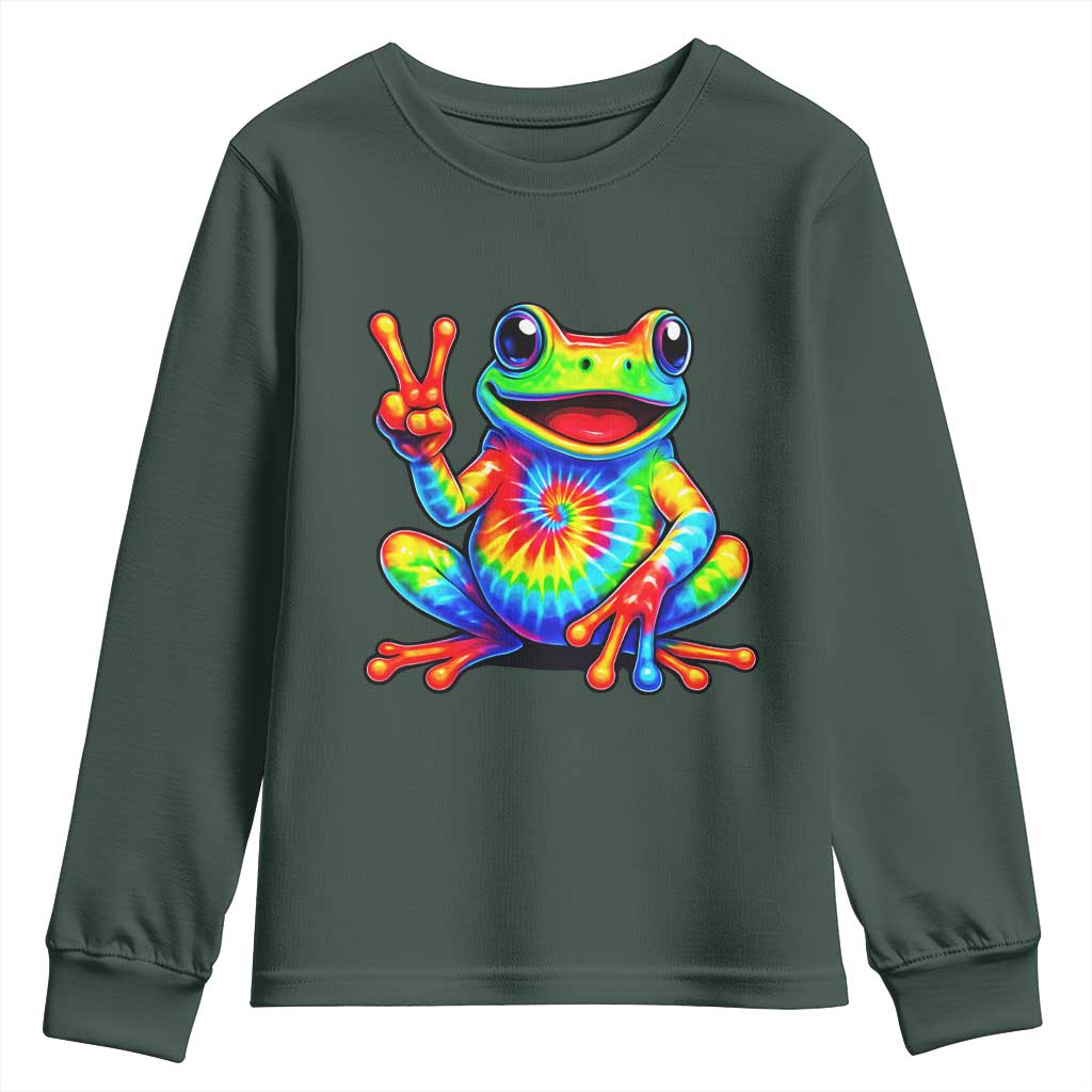 Tie-Dye Frog Peace Sign Hippie Youth Sweatshirt Toad Trends Effect Printing TS10 Dark Forest Green Print Your Wear