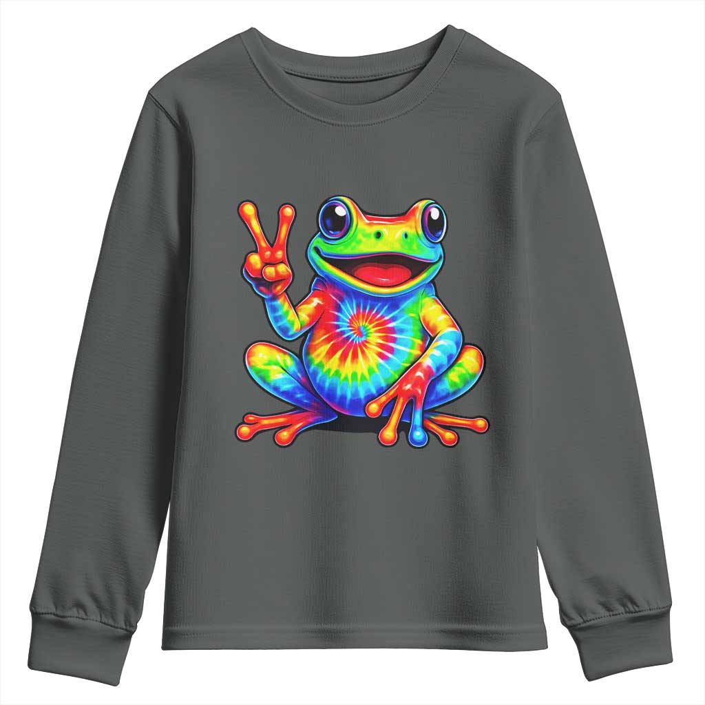 Tie-Dye Frog Peace Sign Hippie Youth Sweatshirt Toad Trends Effect Printing TS10 Dark Heather Print Your Wear