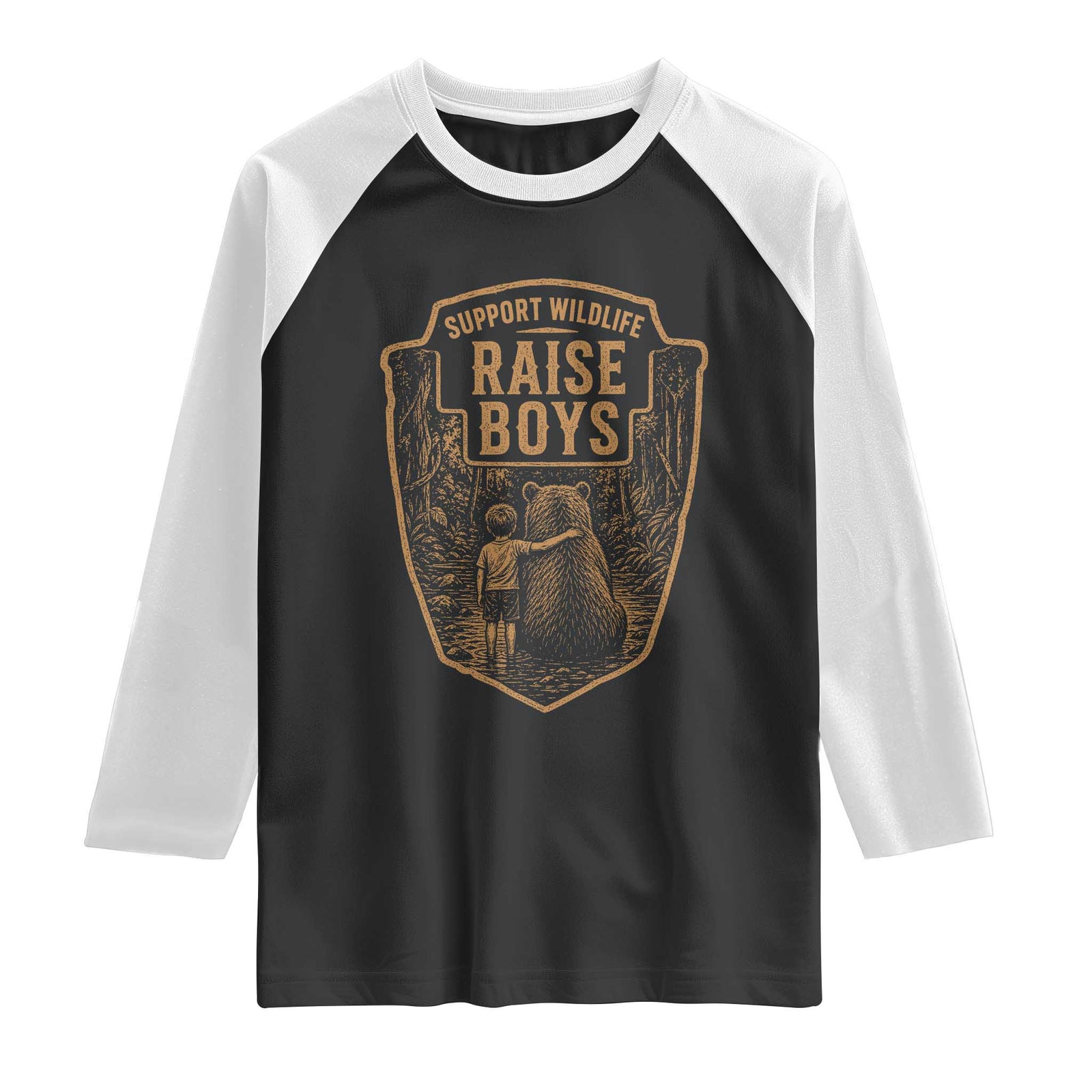 Support Wildlife Raise Boys Raglan Shirt Funny Mama Bear Outdoor Family Nature Lover Gift TS10 Black White Print Your Wear