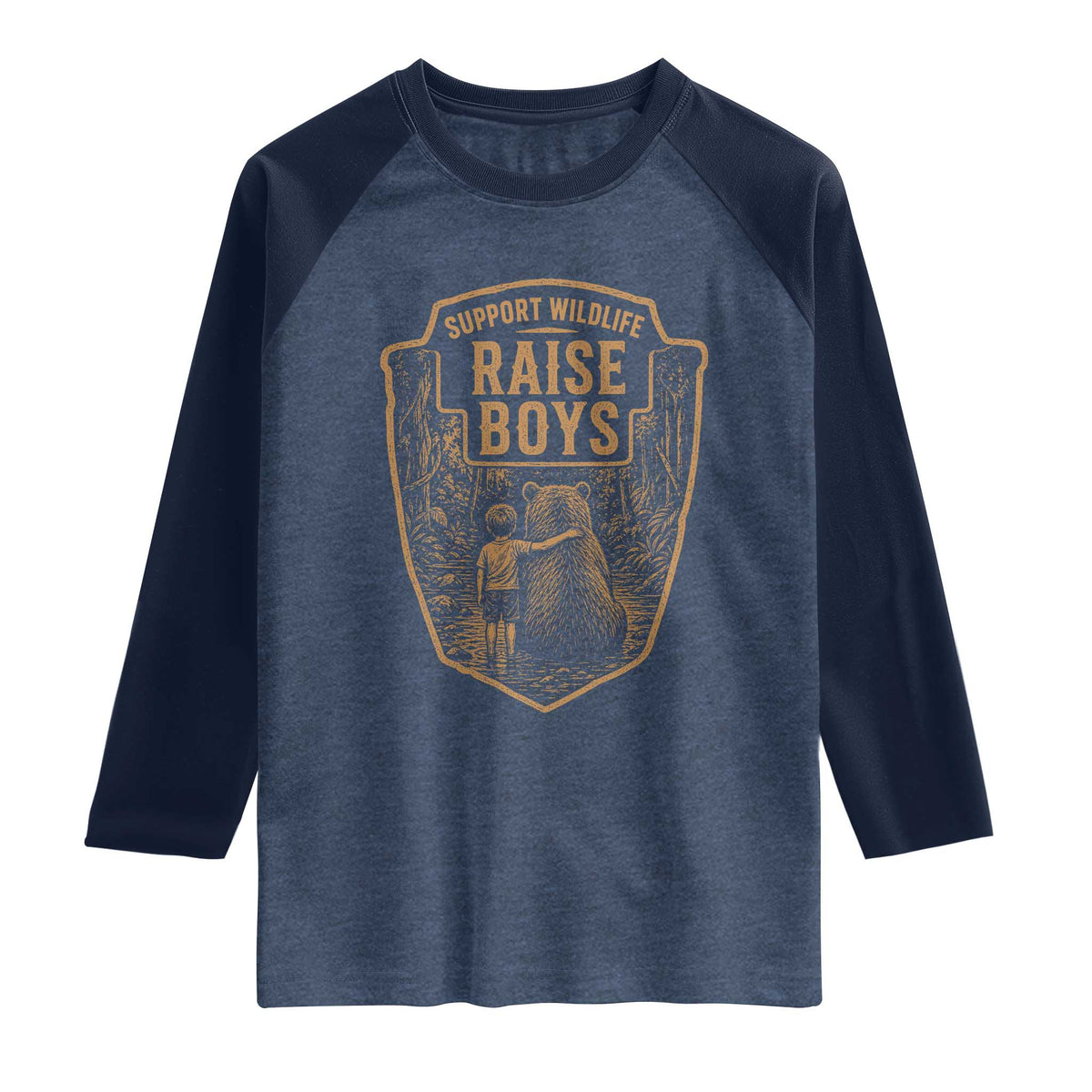 Support Wildlife Raise Boys Raglan Shirt Funny Mama Bear Outdoor Family Nature Lover Gift TS10 Heather Denim Navy Print Your Wear
