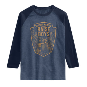 Support Wildlife Raise Boys Raglan Shirt Funny Mama Bear Outdoor Family Nature Lover Gift TS10 Heather Denim Navy Print Your Wear