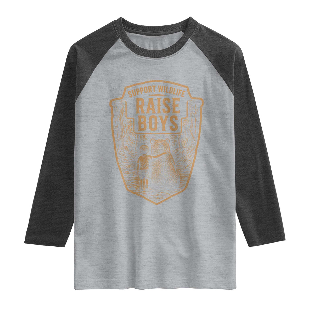 Support Wildlife Raise Boys Raglan Shirt Funny Mama Bear Outdoor Family Nature Lover Gift TS10 Heather Gray Heather Charcoal Print Your Wear