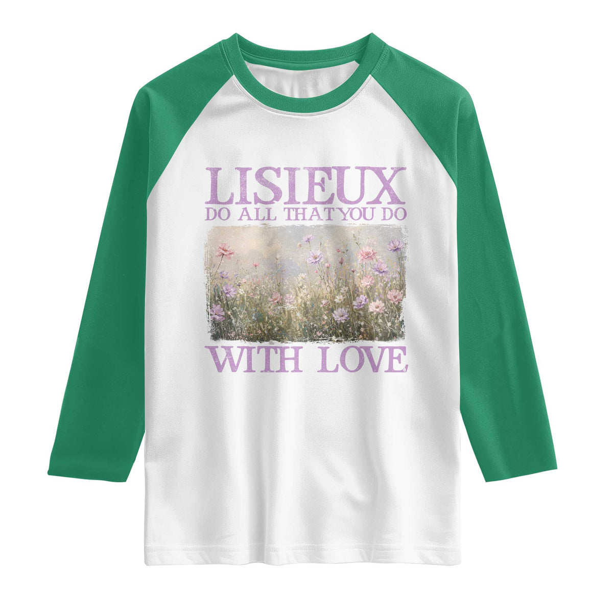 St Therese of Lisieux Raglan Shirt Catholic Saint Gift for Girls Orthodox Christian TS10 White Kelly Green Print Your Wear