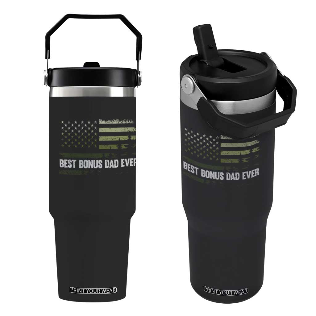 Best Bonus Dad Ever Flip Straw Tumbler Stepdad American Flag Trees Outdoor Wildlife Nature Vintage Forest TS10 One Size: 30 oz Black Print Your Wear