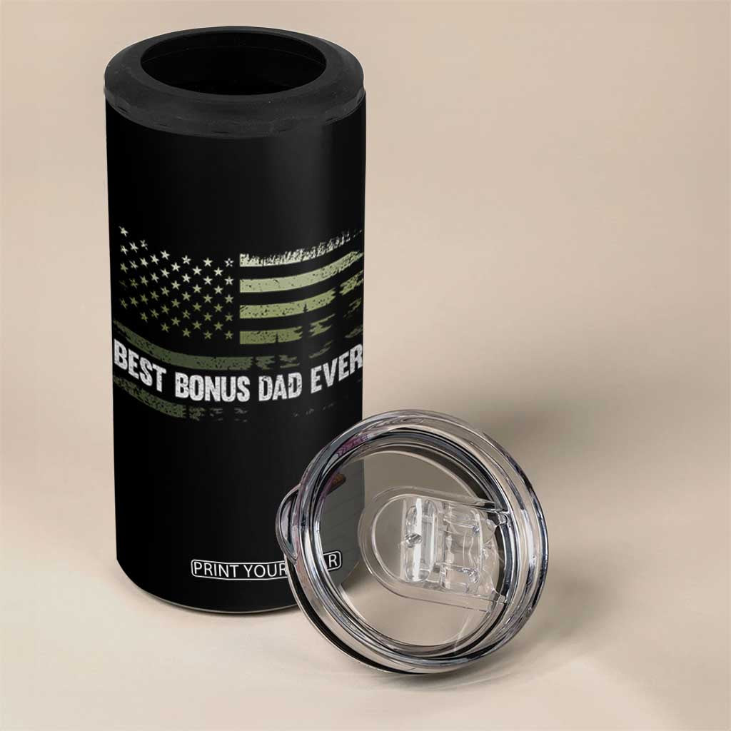 Best Bonus Dad Ever 4 in 1 Can Cooler Tumbler Stepdad American Flag Trees Outdoor Wildlife Nature Vintage Forest TS10 Print Your Wear
