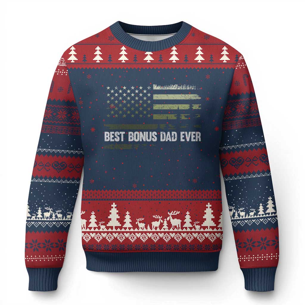 Best Bonus Dad Ever Ugly Christmas Sweater Stepdad American Flag Trees Outdoor Wildlife Nature Vintage Forest TS10 Navy Red Print Your Wear