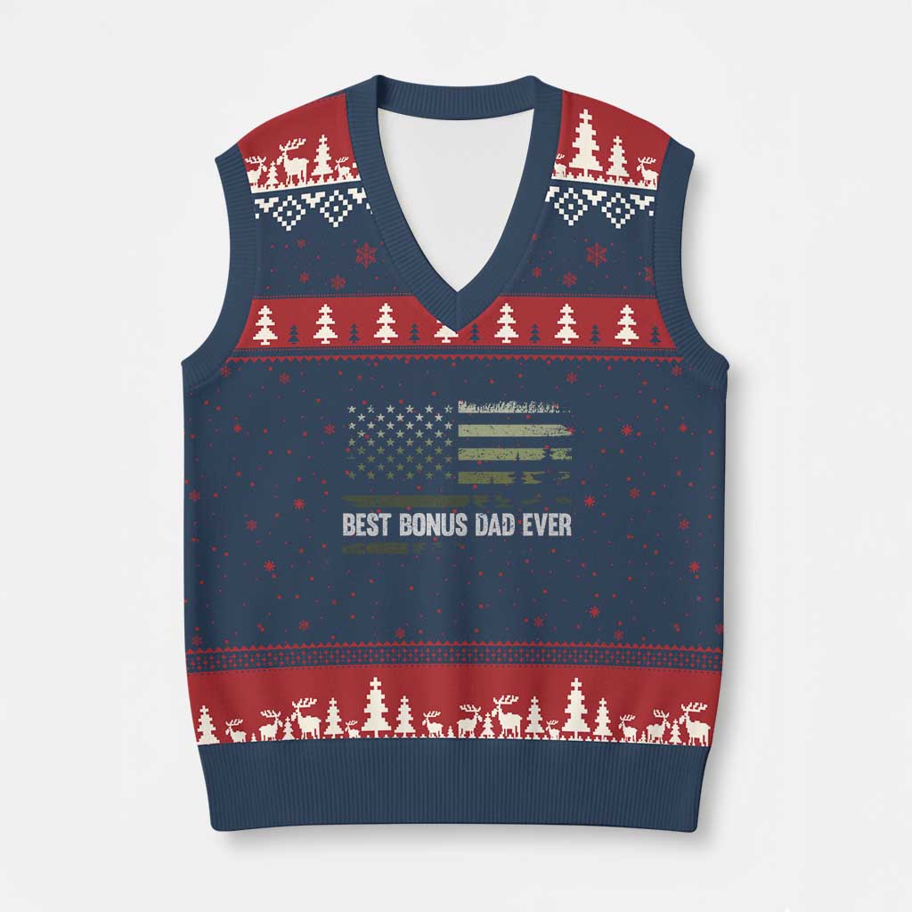 Best Bonus Dad Ever V-Neck Knit Sweater Vest Stepdad American Flag Trees Outdoor Wildlife Nature Vintage Forest TS10 Navy Red Print Your Wear
